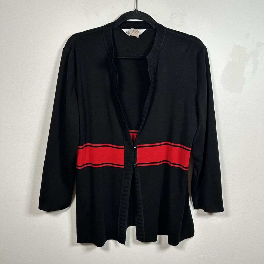 Misook Black Red Stripe Long Sleeve Button Cardigan Sweater Women's Size Large